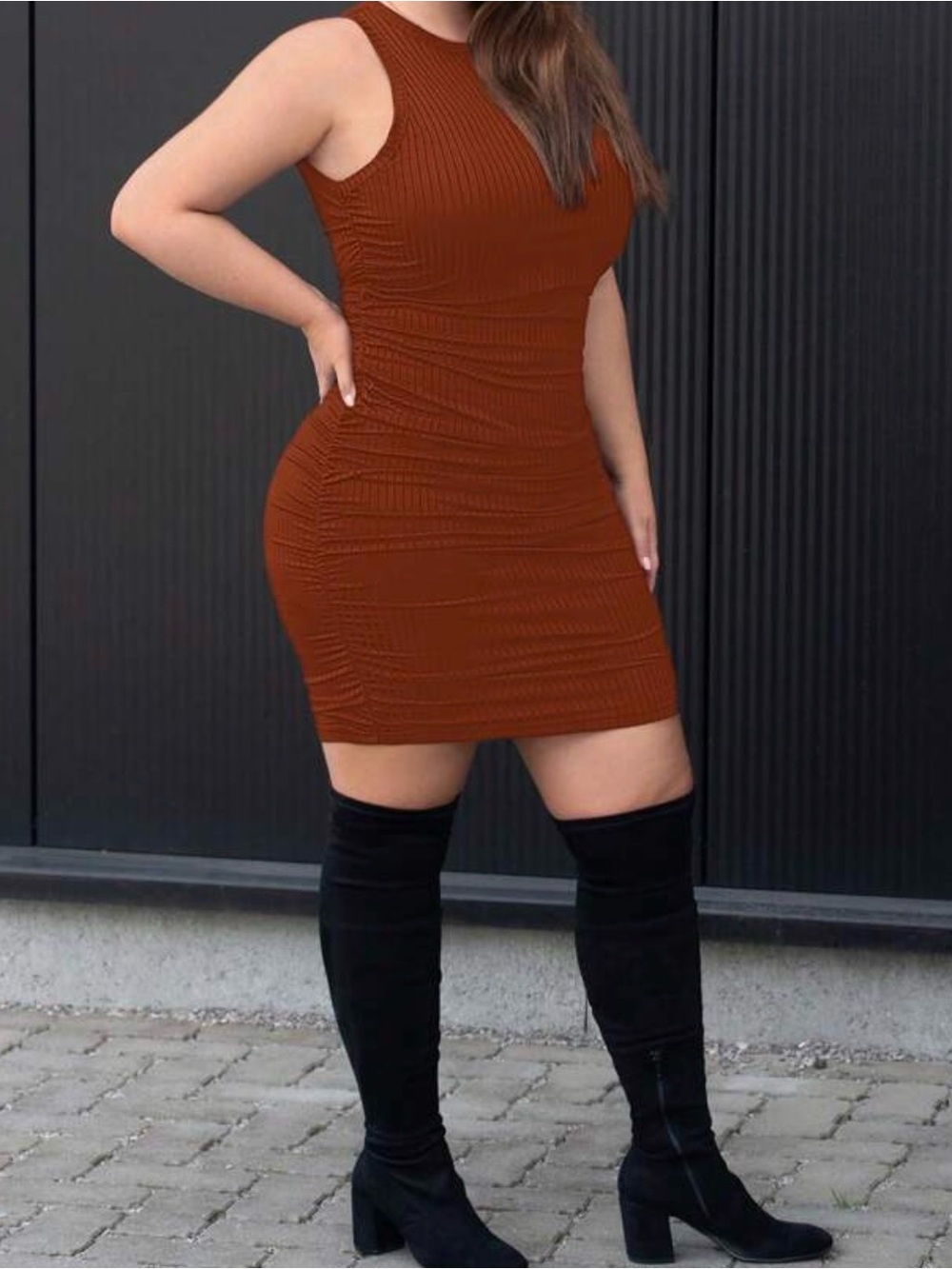 Rust Orange Ribbed Maxi Skirt with Side Gather